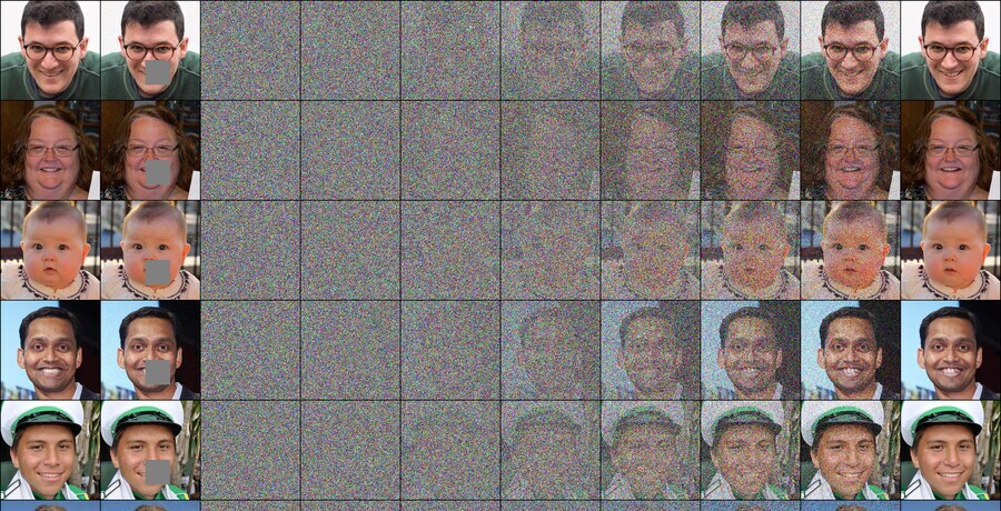 Inpainting trajectories: masked face images restored through guided denoising